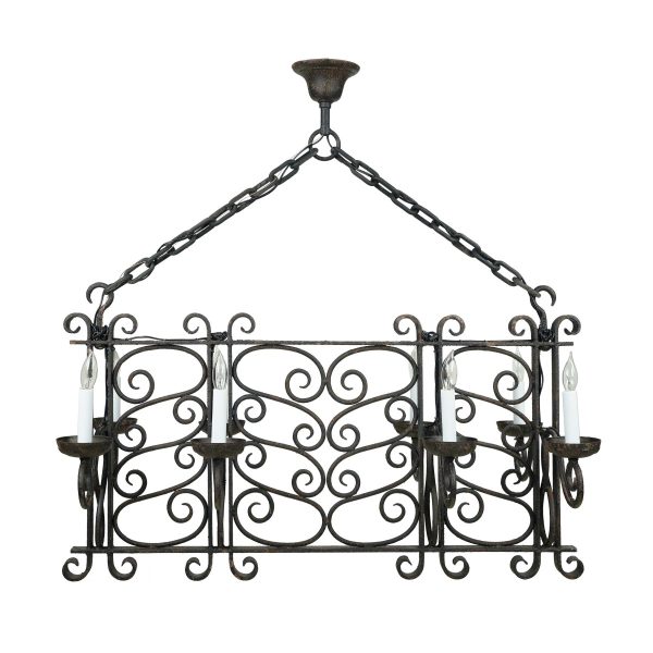 Chandeliers - Restored Antique French 8 Arm Rectangular Wrought Iron Chandelier