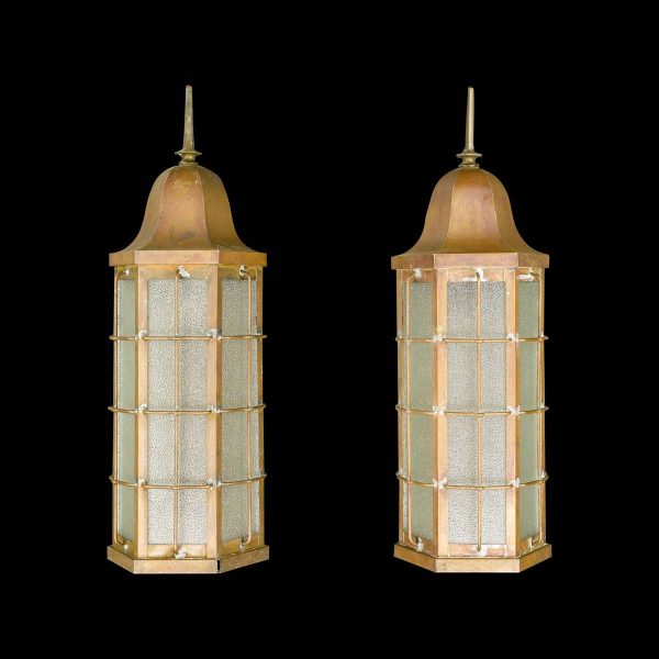 Exterior Lighting - Pair of Antique Copper Textured Glass Lantern Exterior Wall Sconces