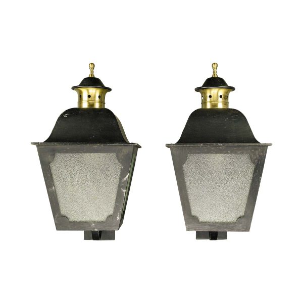 Exterior Lighting - Pair of Traditional Pebbled Glass Black Steel Wall Lantern Exterior Sconces