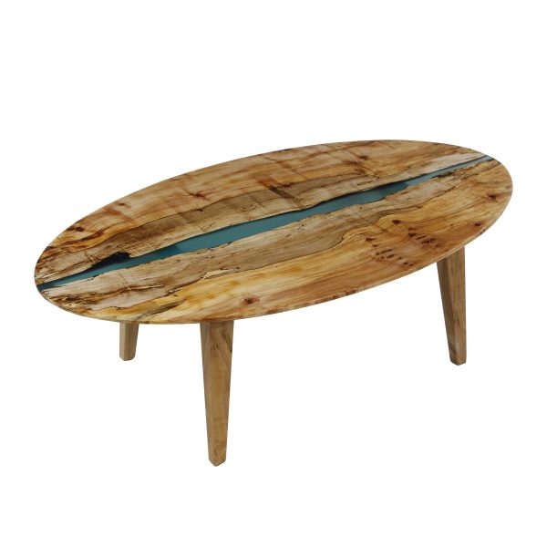 Farm Tables - Handcrafted 53 in. Blue Resin River Maple Tapered Leg Oval Coffee Table