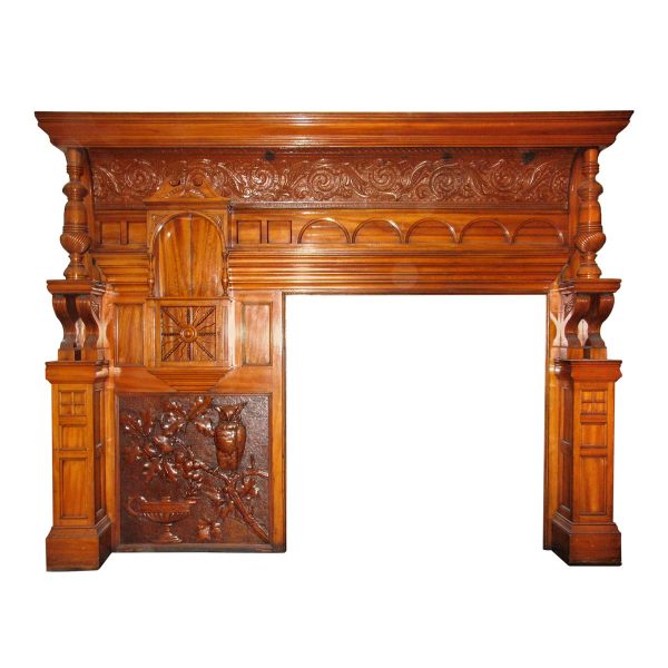 Mantels - 1880s Victorian Carved Whimsical Maple Wood Mantel
