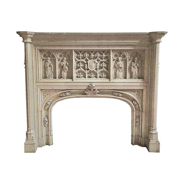 Marble Mantel - Antique Reclaimed Neo-Gothic Carved Tan Marble Mantel