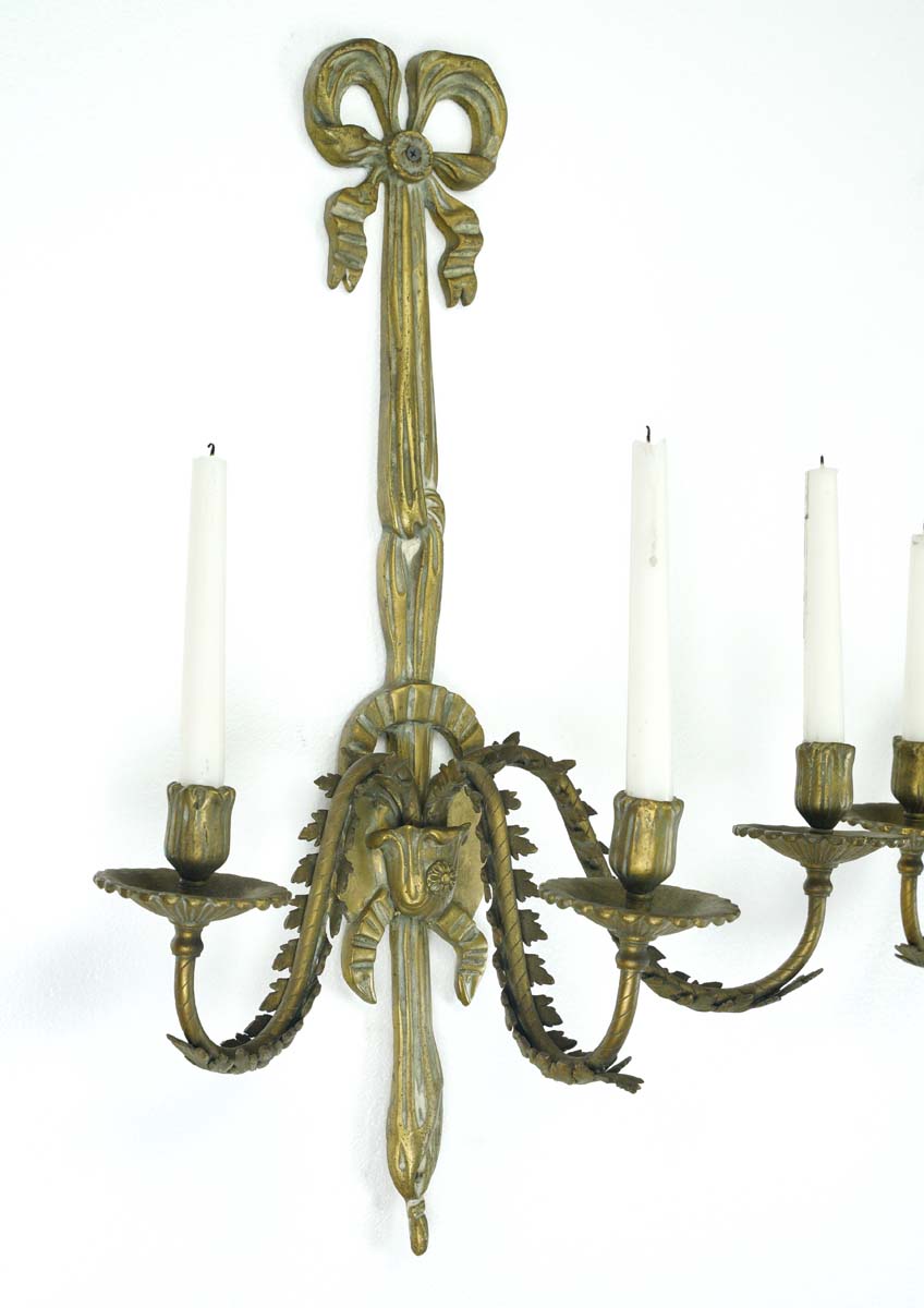 Pair of Antique French 3 Arm Bow Motif Brass Wall Sconces