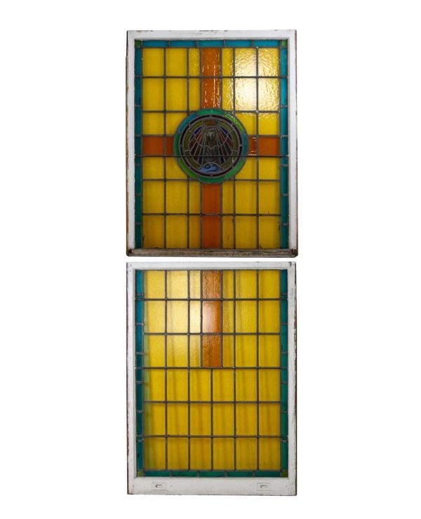 Religious Stained Glass - Antique Church Medallion Stained Glass Double Hung Windows