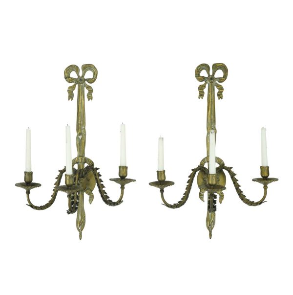 Sconces & Wall Lighting - Pair of Antique French 3 Arm Bow Motif Brass Wall Sconces