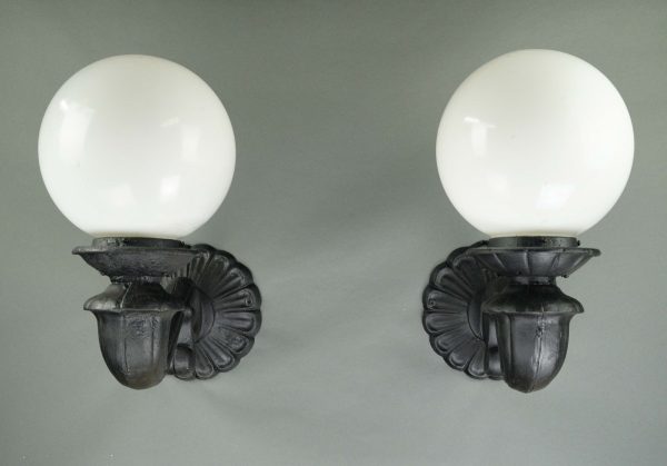 Sconces & Wall Lighting - Pair of White Plastic Ball Shades Black Cast Aluminum Wall Sconces