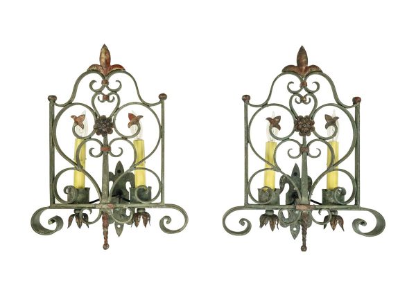 Sconces & Wall Lighting - Restored Pair of Green French Wrought Iron Fluer De Lis Wall Sconces