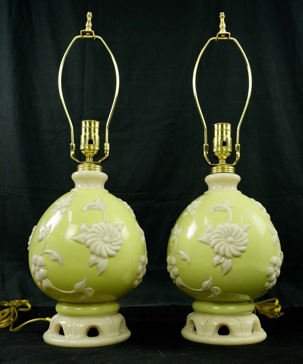 French Vintage Yellow Lamp With Floral Cast Metal Base French 