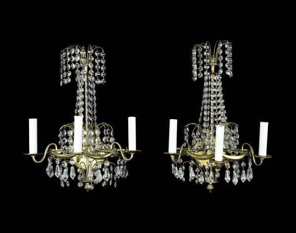 Waldorf Astoria - Pair of Waldorf Astoria 3 Arm Brass & Crystal French Wall Sconces