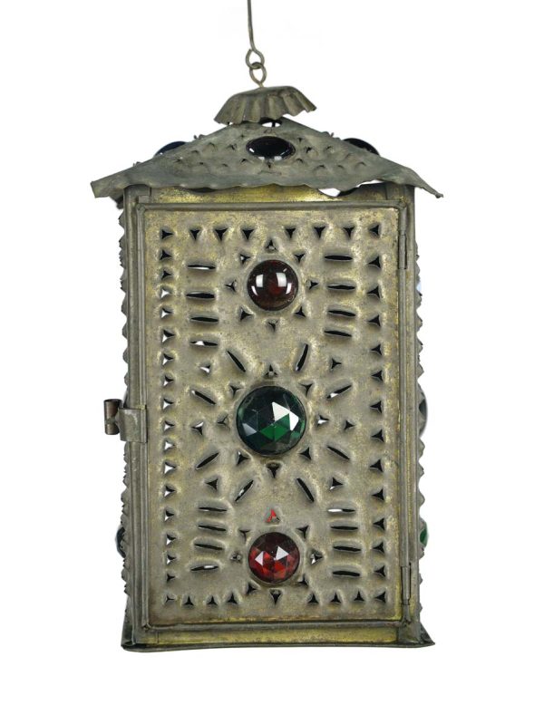 Wall & Ceiling Lanterns - Antique Jeweled Punched Brass Candle Light Lantern