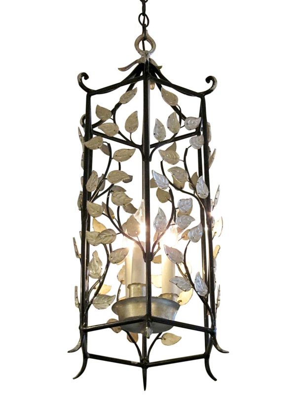 Wall & Ceiling Lanterns - Contemporary Black Wrought Iron Open Frame Lantern with Crystal Leaves