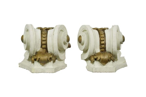 Corbels - Pair of Antique Beaded Acanthus White & Gold Plaster Corbels