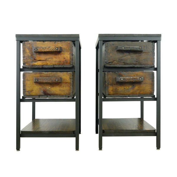 Altered Antiques - Pair of Handcrafted Pine Top 2 Drawers Steel Side Storage Tables