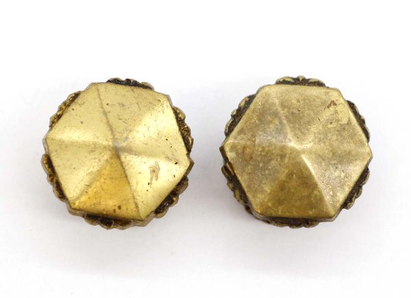 Cabinet & Furniture Knobs - Pair of Vintage 1.25 in. Hexagon Scalloped Brass Cabinet Drawer Knobs