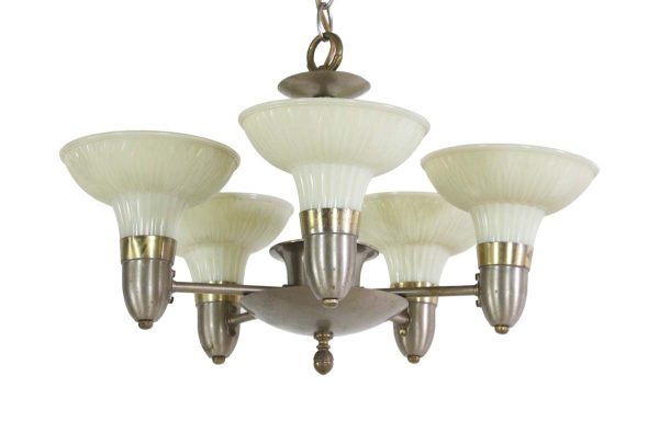 Chandeliers - Art Deco 5 Arm Brass Off White Glass Slip Shades Chandelier