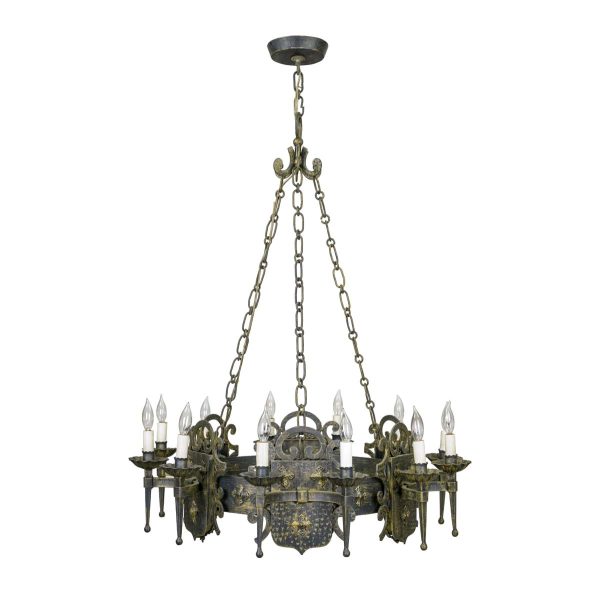 Chandeliers - Wrought Iron 12 Arm Hammered Shield Motif Medieval Chandelier