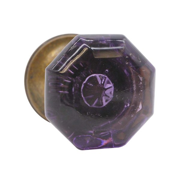 Door Knob Sets - Antique Octagon Purple Glass Dummy Door Knob with Brass Shank & Rosette