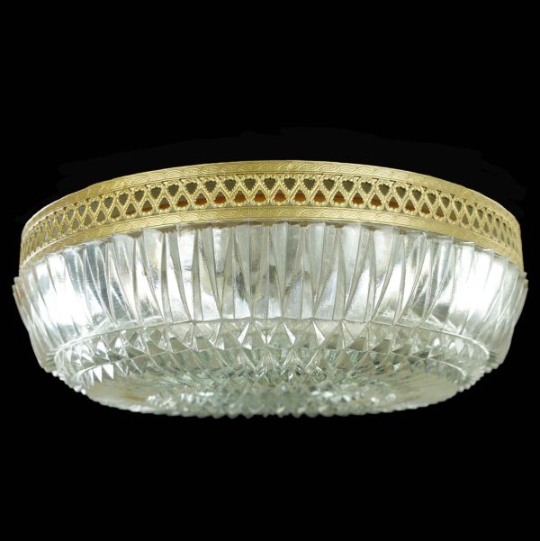 Flush & Semi Flush Mounts - The Plaza Hotel Clear Faceted Glass Lattice Brass Rim Flush Mount Light