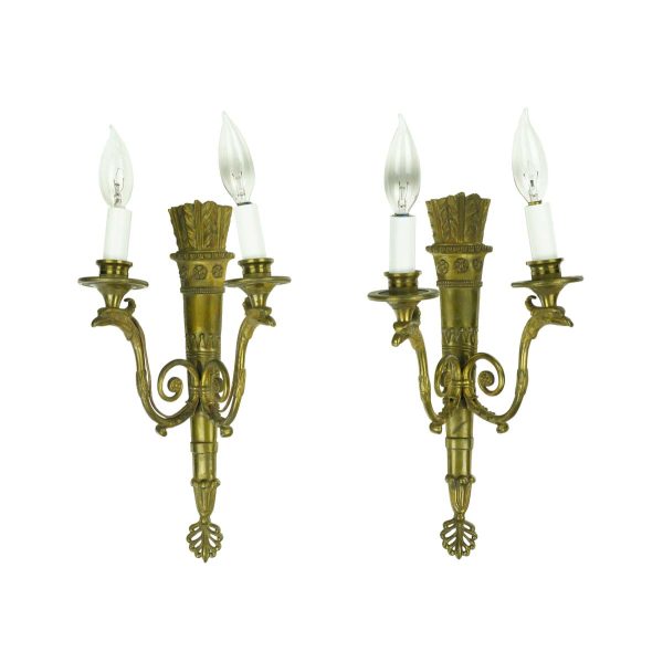 Sconces & Wall Lighting - Pair of Antique French Brass 2 Arm Torch Wall Sconces