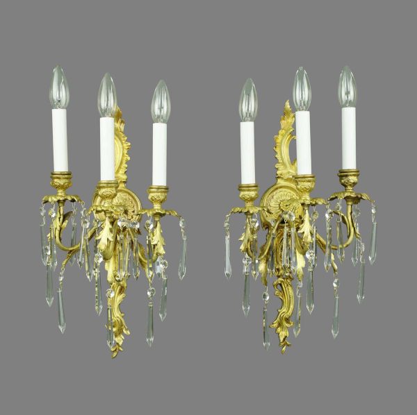 Sconces & Wall Lighting - Pair of Restored French Gold Gilded Bronze & Crystal 3 Arm Wall Sconces