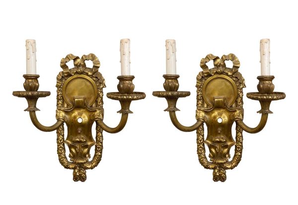 Sconces & Wall Lighting - Pair of Victorian E.F Caldwell Bronze Ribbon Motif 2 Arm Wall Sconces