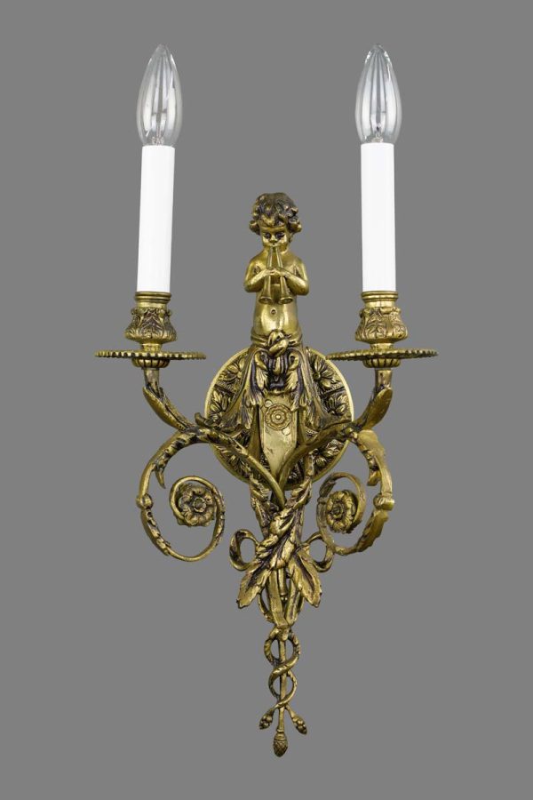 Sconces & Wall Lighting - Restored French Gilt Bronze Dore 2 Arm & Cherub Wall Sconce