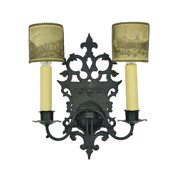 Sconces & Wall Lighting - Restored Spanish Black Iron 2 Arm Wall Sconce with Scenic Shades