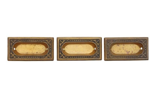 Window Hardware - Set of 3 Ornate Brass Plated Steel Recessed Window Sash Lifts