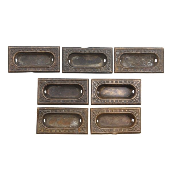 Window Hardware - Set of 7 Ornate Pressed Brass Recessed Window Sash Lifts