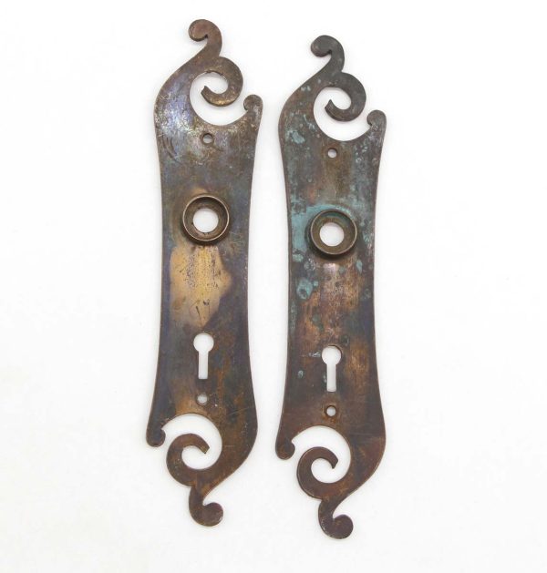 Back Plates - Pair of Antique 8.5 in. Dark Brass Swirled Ends Passage Door Back Plates