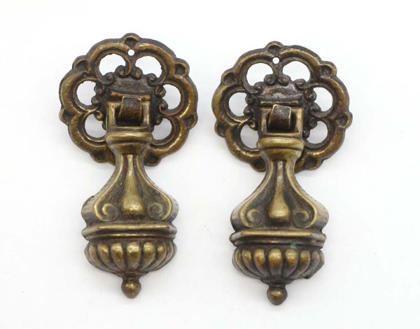 Cabinet & Furniture Pulls - Pair of Victorian Dark Patina Brass Drop Drawer Pulls