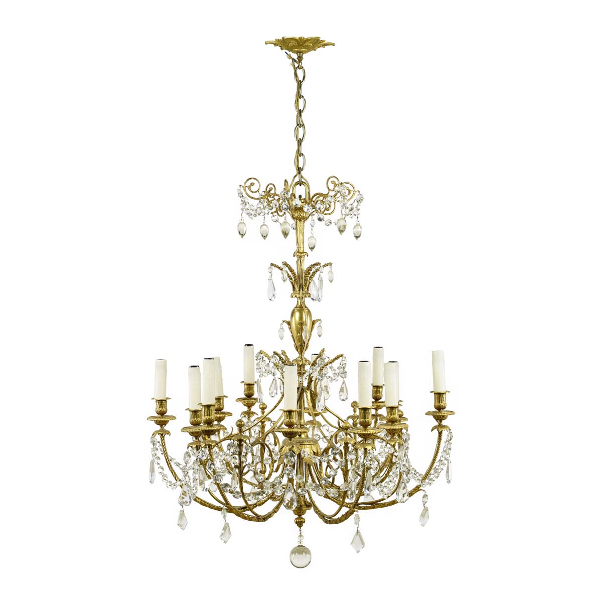 Antique French 12 arm brass and crystal chandelier