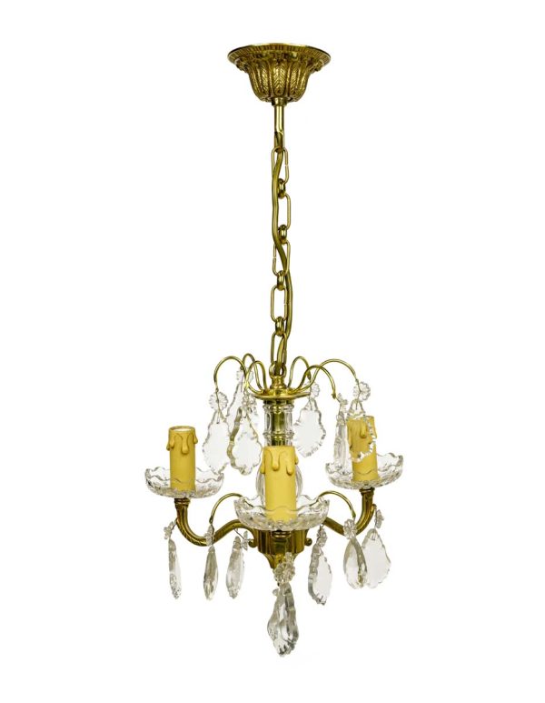 Chandeliers - Antique French Petite 3 Arm Bronze & Crystal Chandelier