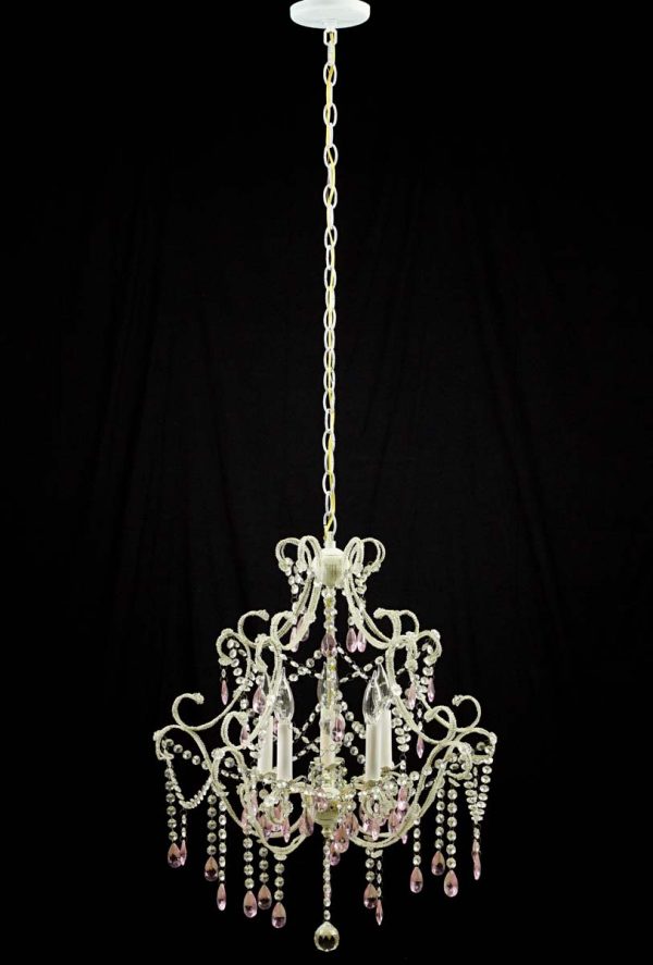 Chandeliers - Restored Vintage 5 Arm Beaded Chandelier with Pink & Clear Crystals