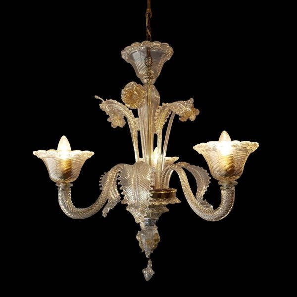 Chandeliers - Vintage 3 Arm Gold Inflections Murano Glass Flowers & Leaves Chandelier