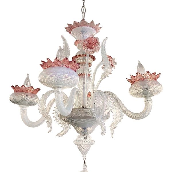 Chandeliers - Vintage 4 S Arms Opalescent Glass Pink Rose Accents Murano Chandelier