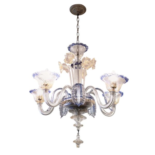 Chandeliers - Vintage 5 Arm Murano Clear Glass with Blue Flowers Chandelier