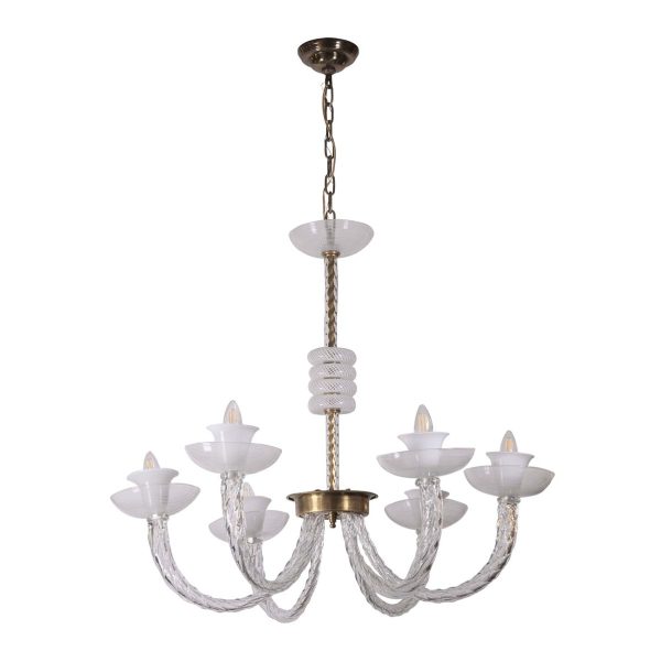 Chandeliers - Vintage 6 Arm Murano Clear & White Latticino Glass Chandelier