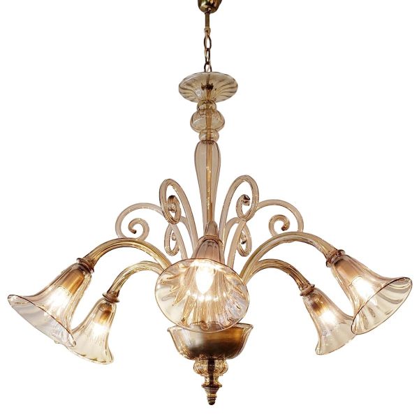 Chandeliers - Vintage Amber Murano Glass 6 Down Arm Curls Light Chandelier