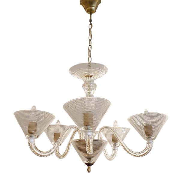 Chandeliers - Vintage Art Deco Textured Swirl Clear Glass Murano 5 Arm Chandelier