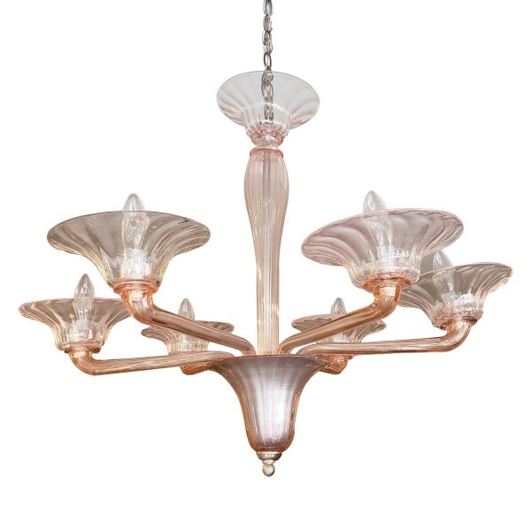 Chandeliers - Vintage Murano Swirl Glass Light Pink 6 Up Arms Chandelier