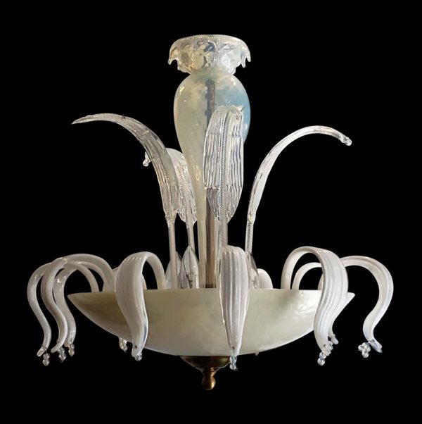 Chandeliers - Vintage White Clear Murano Glass Opaline Bowl Chandelier