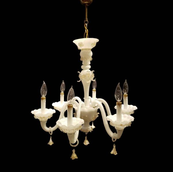 Chandeliers - Vintage White Murano Glass Gold 6 S Arm Chandelier