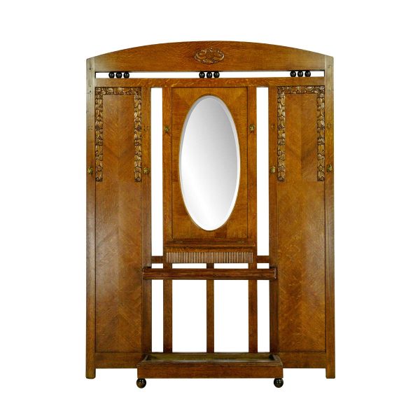 Entry Way - 1930s Carved Oak Art Deco Hall Tree with Beveled Oval Mirror & Umbrella Stand