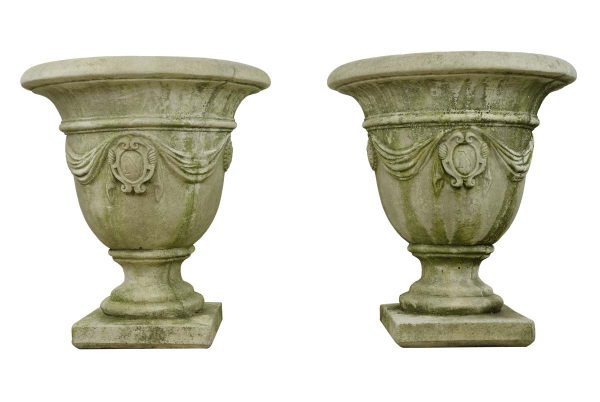 Garden Elements - Pair of Emblematic N Draperies Concrete Garden Urn Shaped Planters