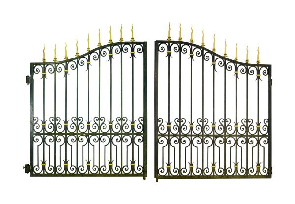 Gates - Pair of Reclaimed 11 ft Brass Accented Black Wrought Iron Driveway Gates