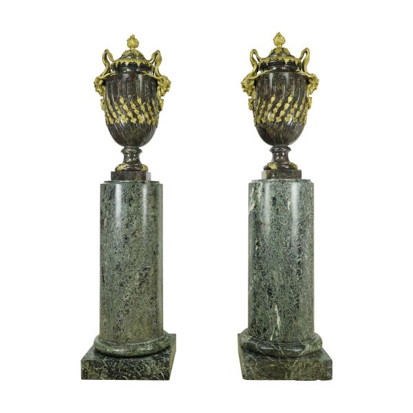 Pedestals - Pair of Antique French Empire Green Marble Gilt Bronze Urn Pedestal Pillars