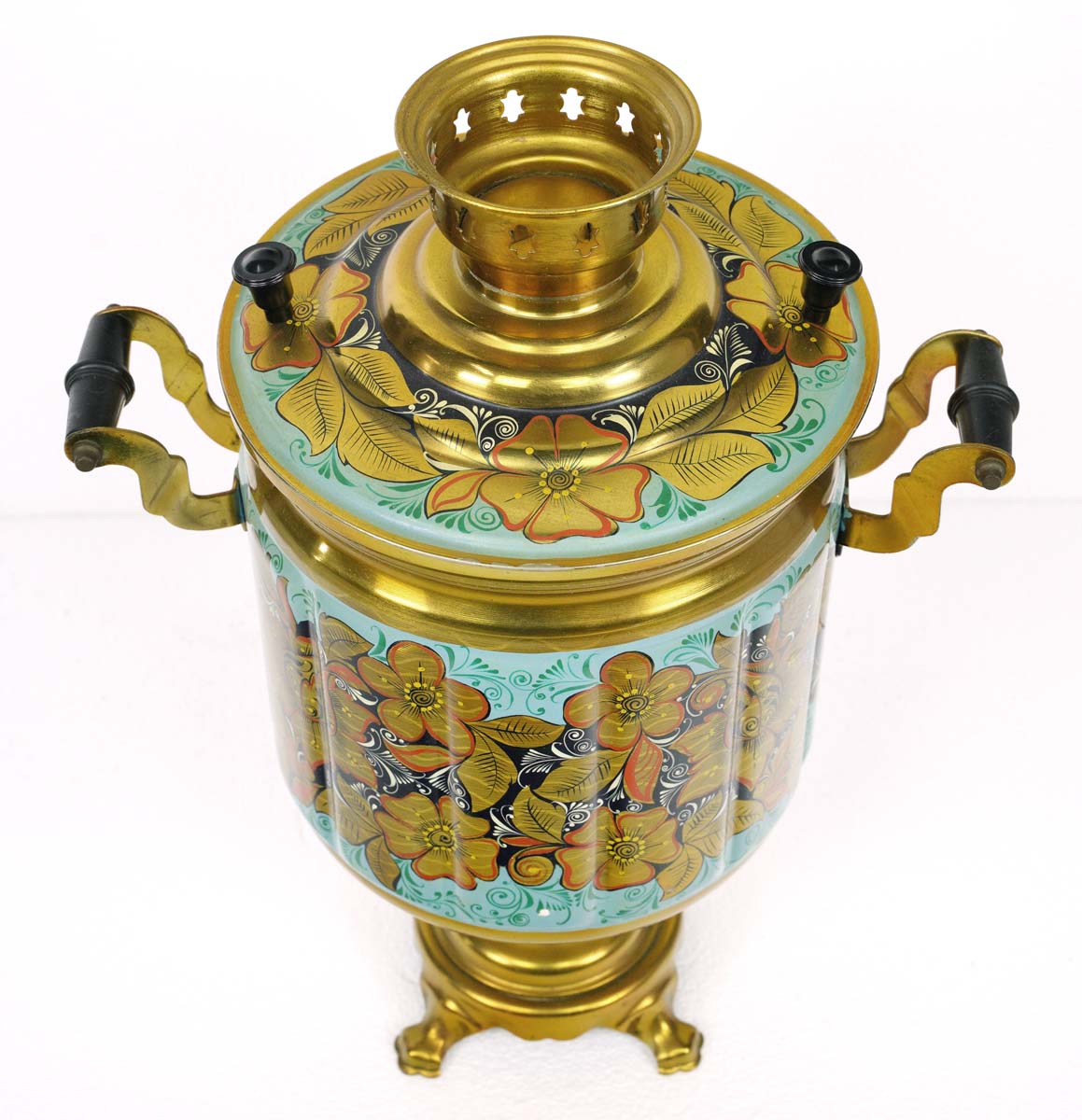 Vintage Soviet Russian Hand Painted Floral Brass Electric Samovar Teapot