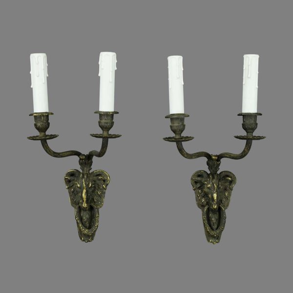 Sconces & Wall Lighting - Pair of Antique Brass 2 Arm Rams Head Door Knocker Wall Sconces