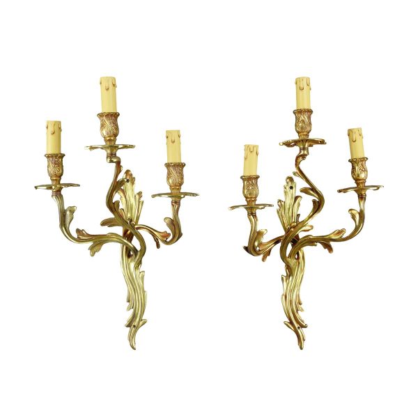 Sconces & Wall Lighting - Pair of Antique Louis XV 3 Arm Bronze Wall Sconces